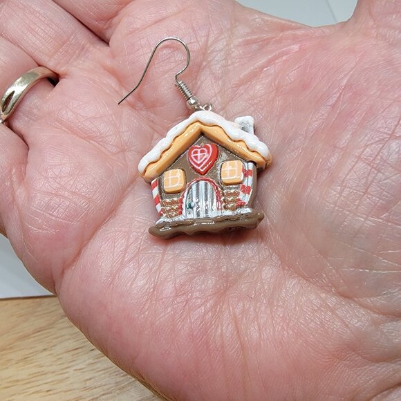 Gingerbread House Dangle Earrings Synthetic Resin 1 1/2" Drop Colorful - Picture 6 of 8
